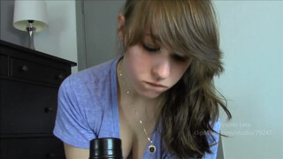 Busty Daughter Gives Father a Special Treat with Rubber Vagina Suck and Jerk